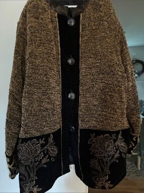 Vintage Textured Black and Brown Embroidered Button Jacket by Flashback